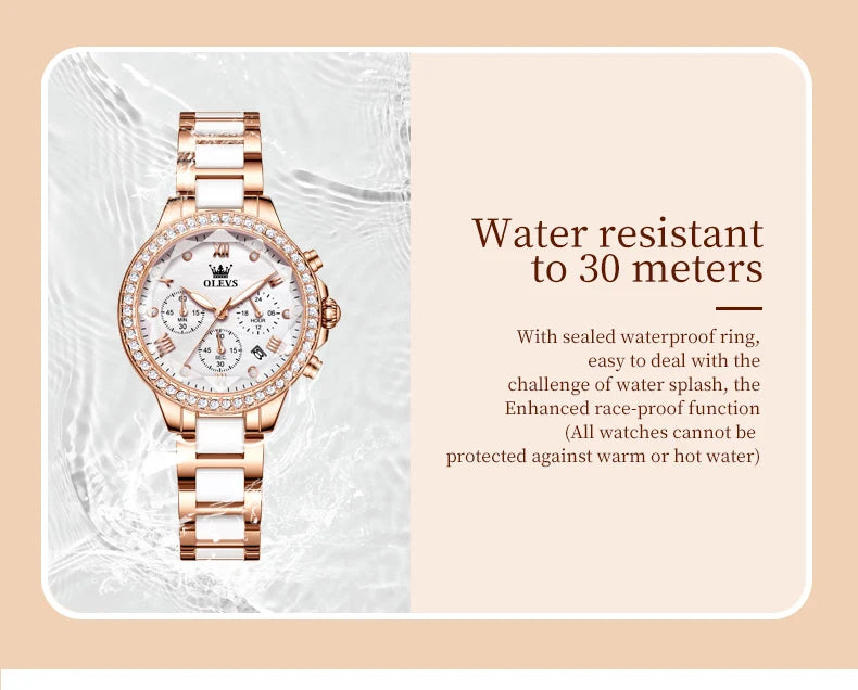 OLEVS Women's Watches Fashion Luxury Rhinestone luminous waterproof Bezel Ceramic Strap Quartz Women watch for Women Reloj mujer