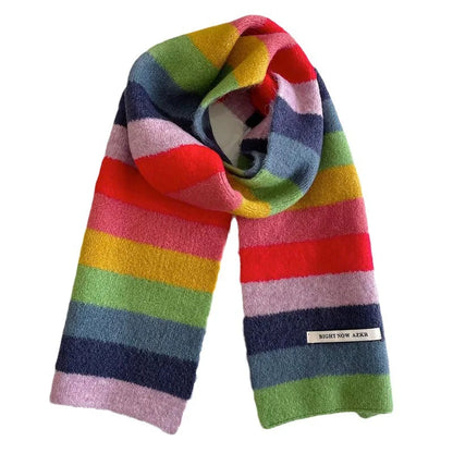 Rainbow Stripes Mohair Scarf Men And Women In Winter Colour Blocking Stripes Wool Short Scarf Students Warm Short Scarf