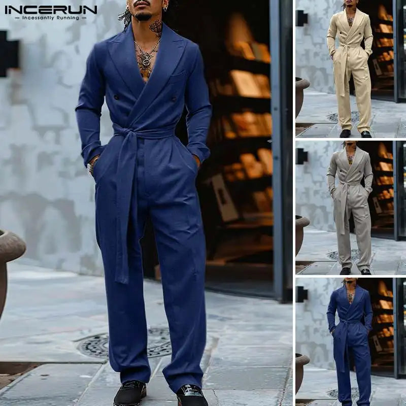 INCERUN 2024 American Style Fashion Jumpsuit Casual Men's Suit Neck Double Breasted Jumpsuits Long Sleeved Casual Rompers S-5XL