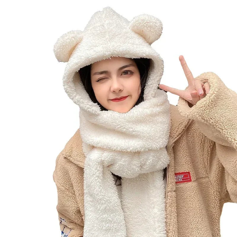 Fashion Winter Women Novelty Beanies Caps Warm Bear Ear Hat Casual Plush Hat Scarf Set Casual Solid Women Caps Present