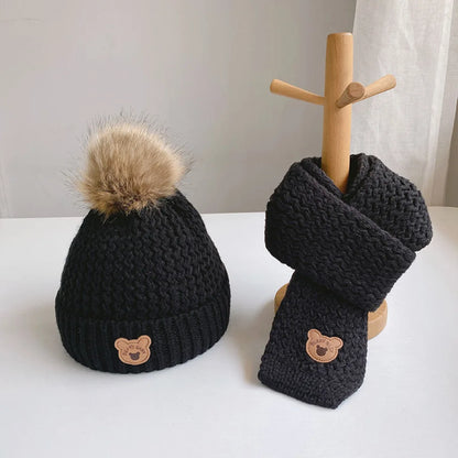 Autumn And Winter Children's Hats Scarves Two-piece Set Plush Insulation Knitted Hat Set Little Bear Wool Hat