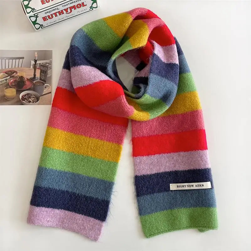 Rainbow Stripes Mohair Scarf Men And Women In Winter Colour Blocking Stripes Wool Short Scarf Students Warm Short Scarf