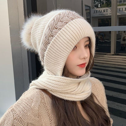 8PCS Hat Scarf All-in-one Female Winter Warm Rabbit Hair Knitted Cap Cycling Ear Protection Padded Cute Cold-proof Neck Cap