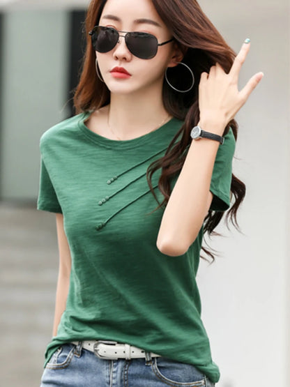 Summer Women Tee-Shirts Button Ribbed Cotton Top Loose Fashion T-shirts Women Streetwear Short Sleeve O-Neck Korean Tops