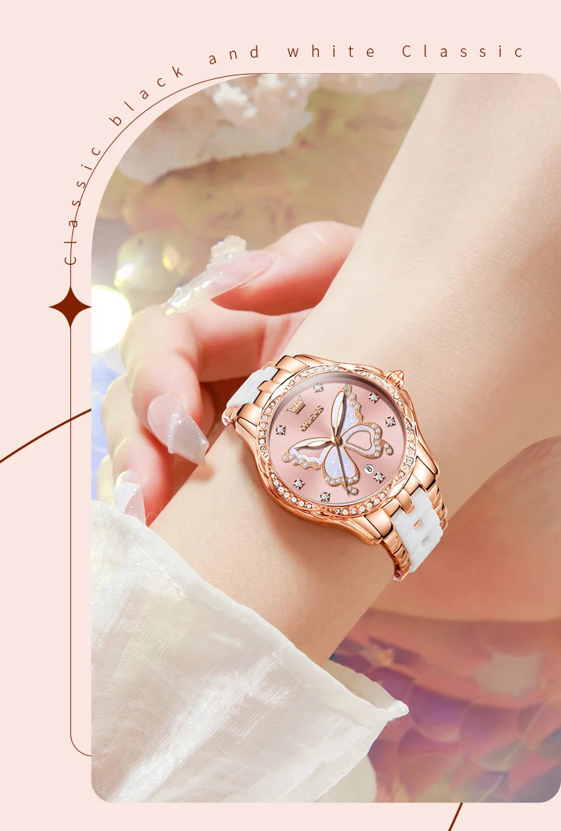 OLEVS 5610 Women's Watches Diamond Butterfly Design Dial Ceramic Strap Waterproof New Fashion Young Girl's Watches Set Gift