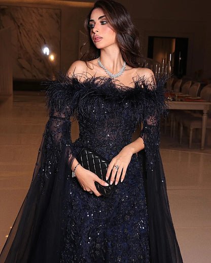 Sharon Said Off Shoulder Luxury Feather Brown Evening Dress with Cape Sleeve Navy Blue Women Wedding Party Gown SS135 Customized