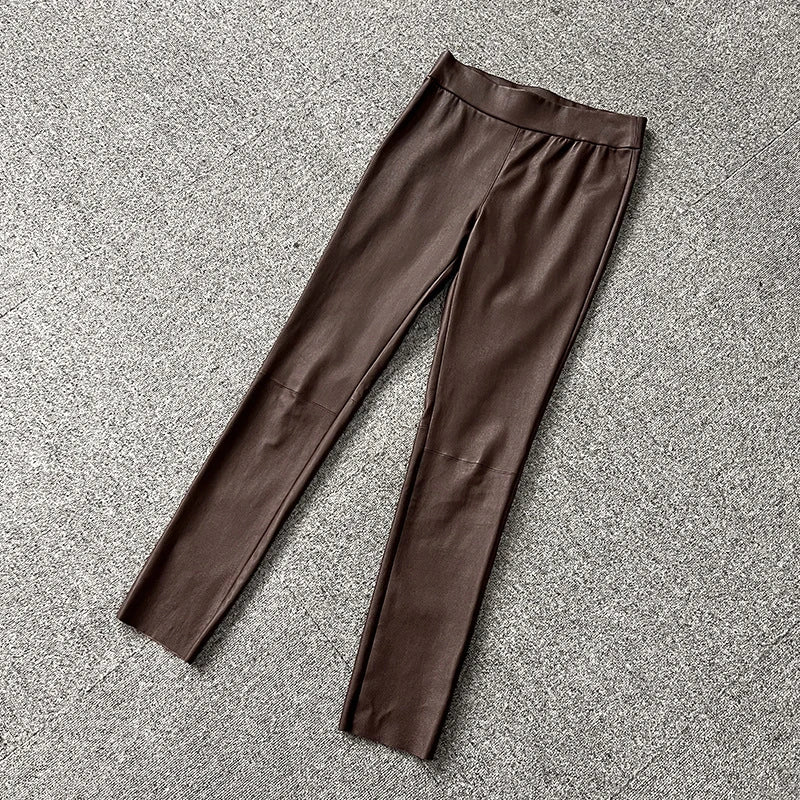 Women Clothing Genuine Leather Skinny Pants Simple Casual Elastic Waist Trousers Sheepskin All-Match Black/Coffee Frauen Hosen