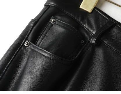 Women Leather Tight Trousers New Minimalist High Waisted Diagonal Pocket Long Pants Slim Straight Tube Pantalones Customer Color