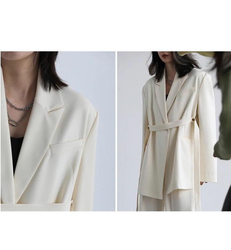 CHIC VEN Women Blazer Design Wide Shoulder Ribbon Solid Women's Medium Long Coat Office Lady Female Overcoat Spring Autumn 2022