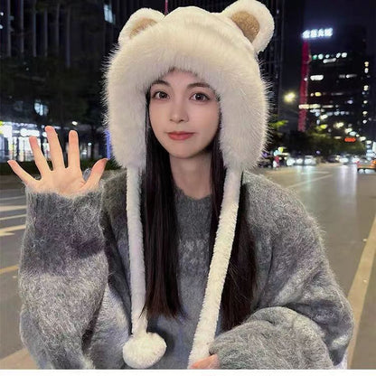 Winter Bear Plush Hat Outdoor Cycling Ear Protection Hat Thickened Warm Hat Casual Fleece Girls Hat Women's Warmth Essentials