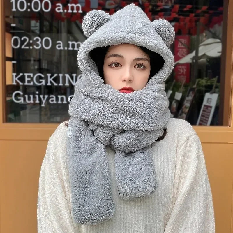 Fashion Winter Women Novelty Beanies Caps Warm Bear Ear Hat Casual Plush Hat Scarf Set Casual Solid Women Caps Present