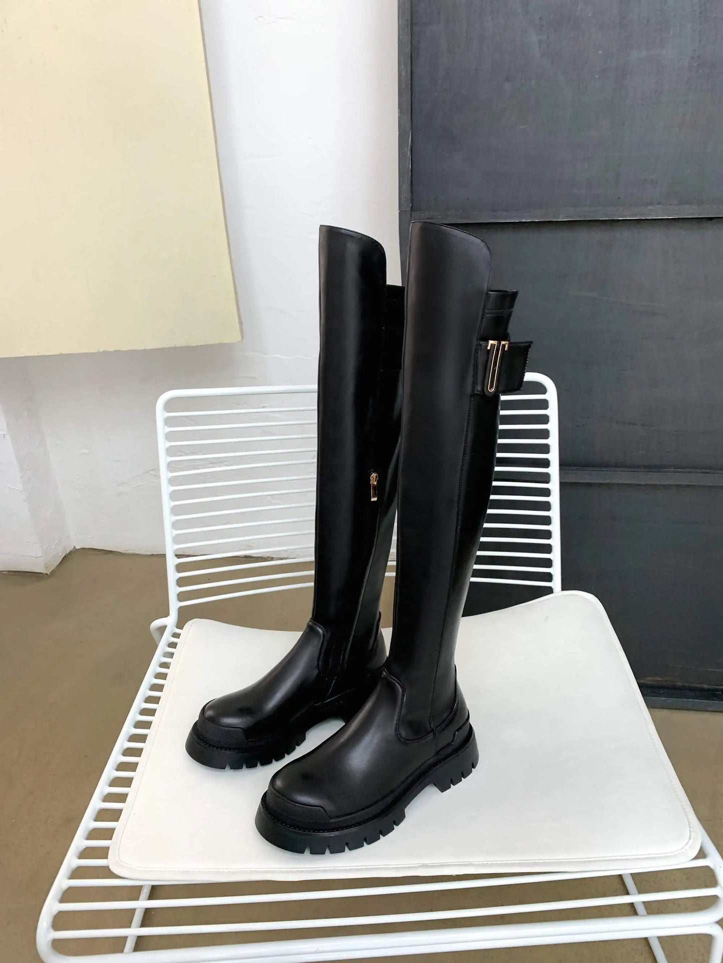 Krazing Pot High Quality Cow Leather Platform Thigh High Boots Round Toe Casual Winter Shoes Zip Dress Over The Knee Boots L92