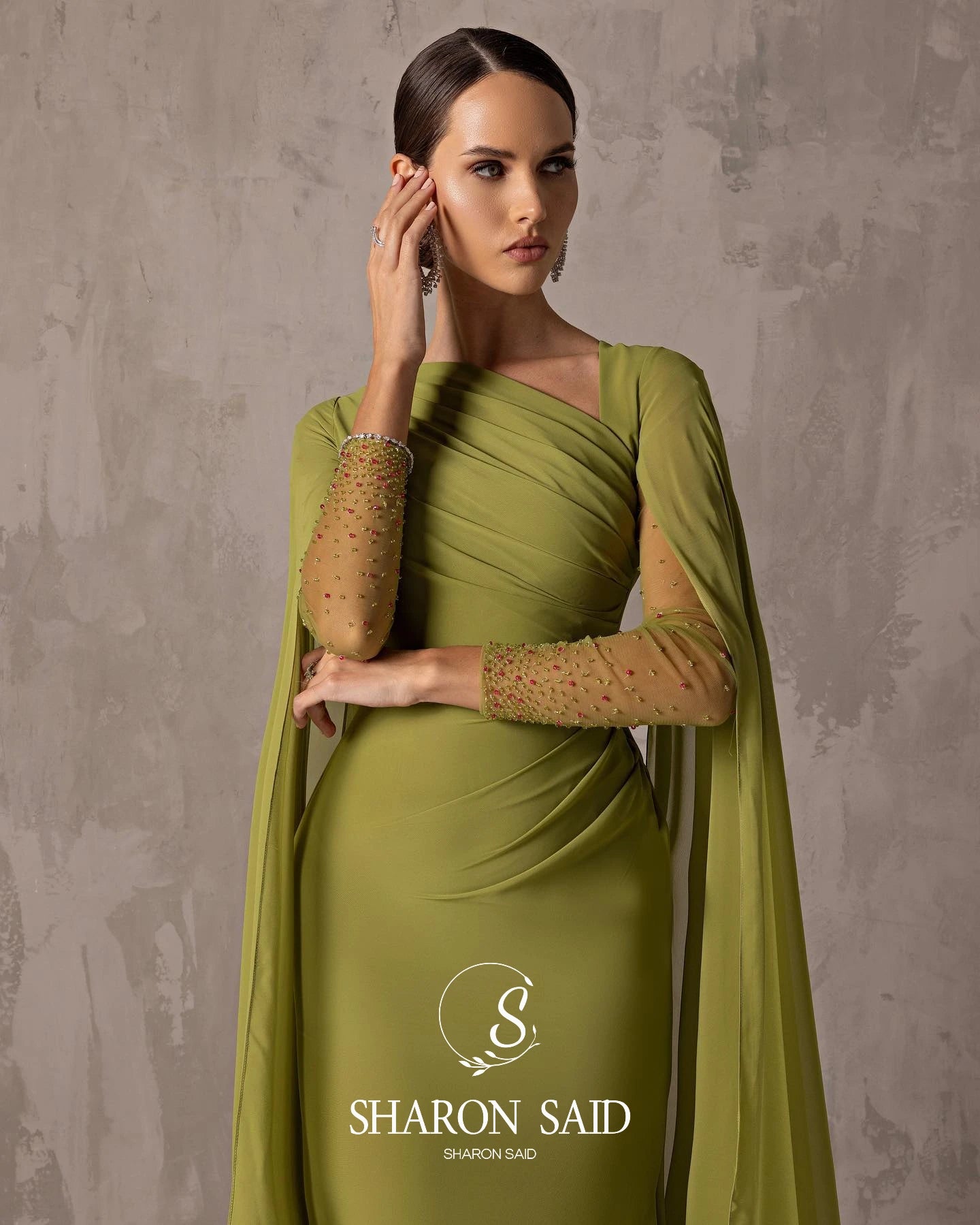 Sharon Said Custom Made Asymmetrical Sage Green Chiffon Arabic Evening Dress with Cape Sleeve For Women Wedding SF051 Customized