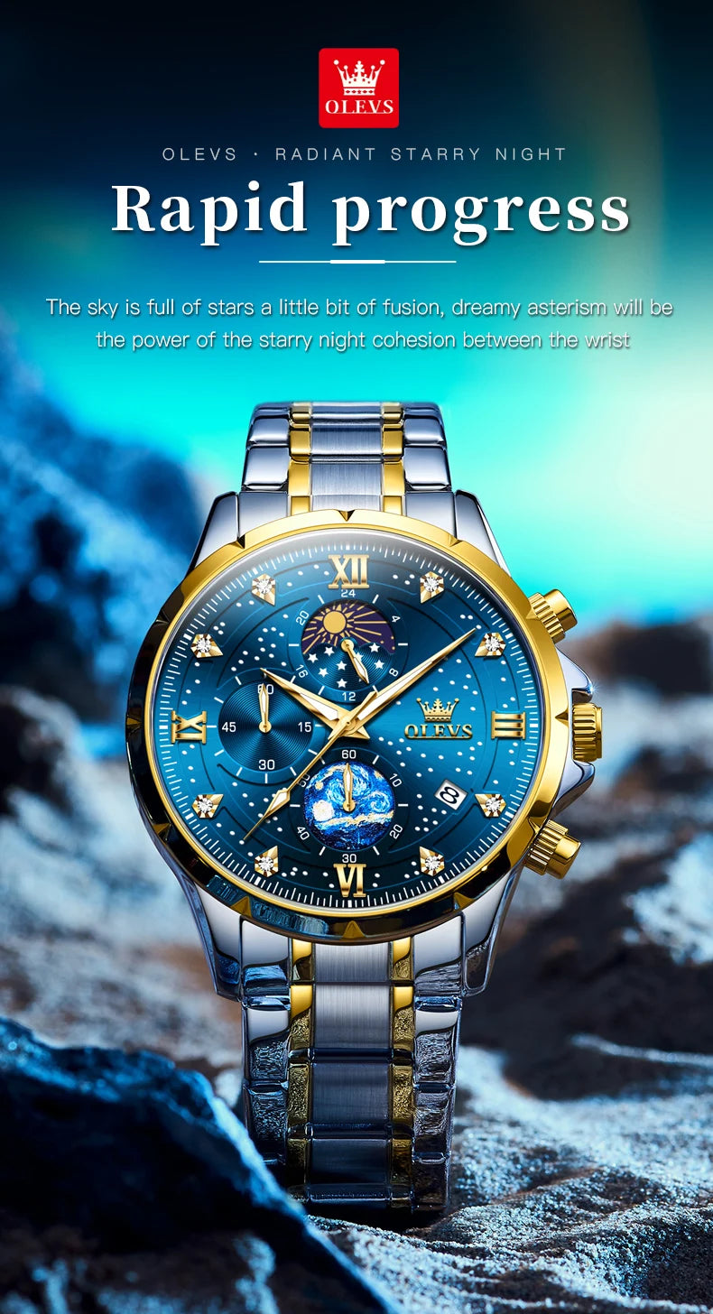 OLEVS 9807 New Man Watch Starry Sky Moon Phase Chronograph Waterproof Luminous Auto Date Hand Clock Luxury Quartz Watch for Men