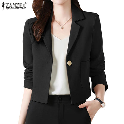 ZANZEA Stylish Women OL Work Blazer Autumn Elegant Office Lady Suits Blazer Casual Solid Crop Top Lapel Neck Long Sleeve Outwear