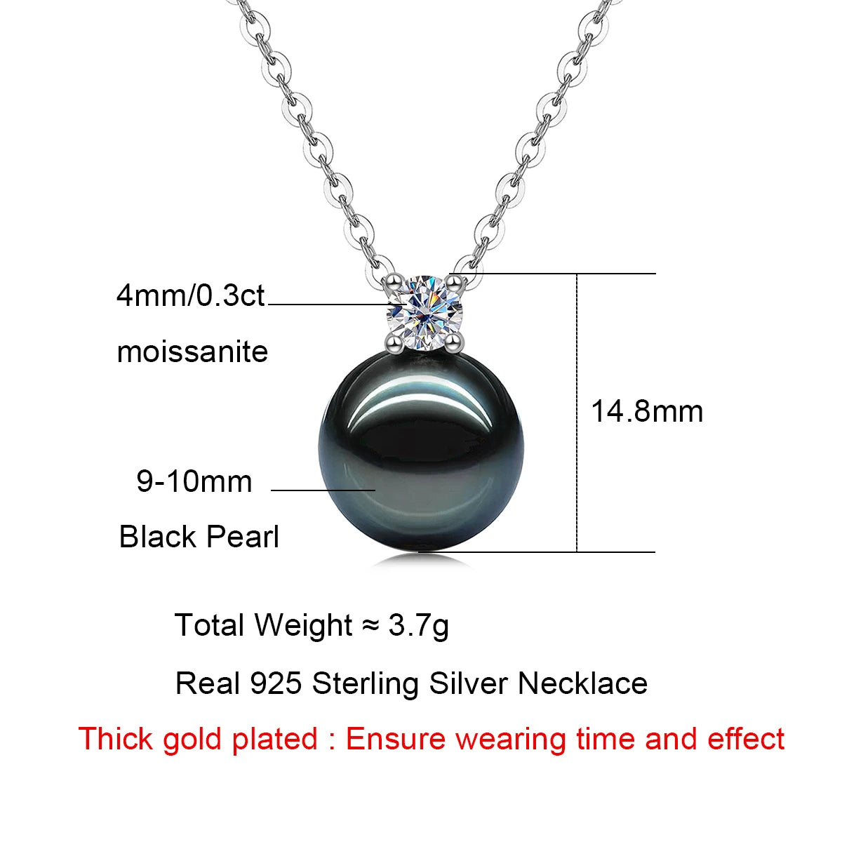 AnuJewel 9-10mm Natural Tahitian Black Pearl 0.3ct Moissanite Diamond Necklace 925 Sterling Silver Necklace Forman