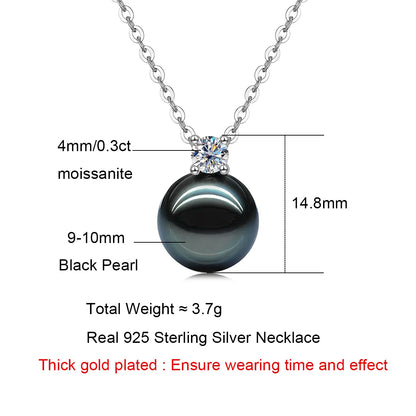 AnuJewel 9-10mm Natural Tahitian Black Pearl 0.3ct Moissanite Diamond Necklace 925 Sterling Silver Necklace Forman