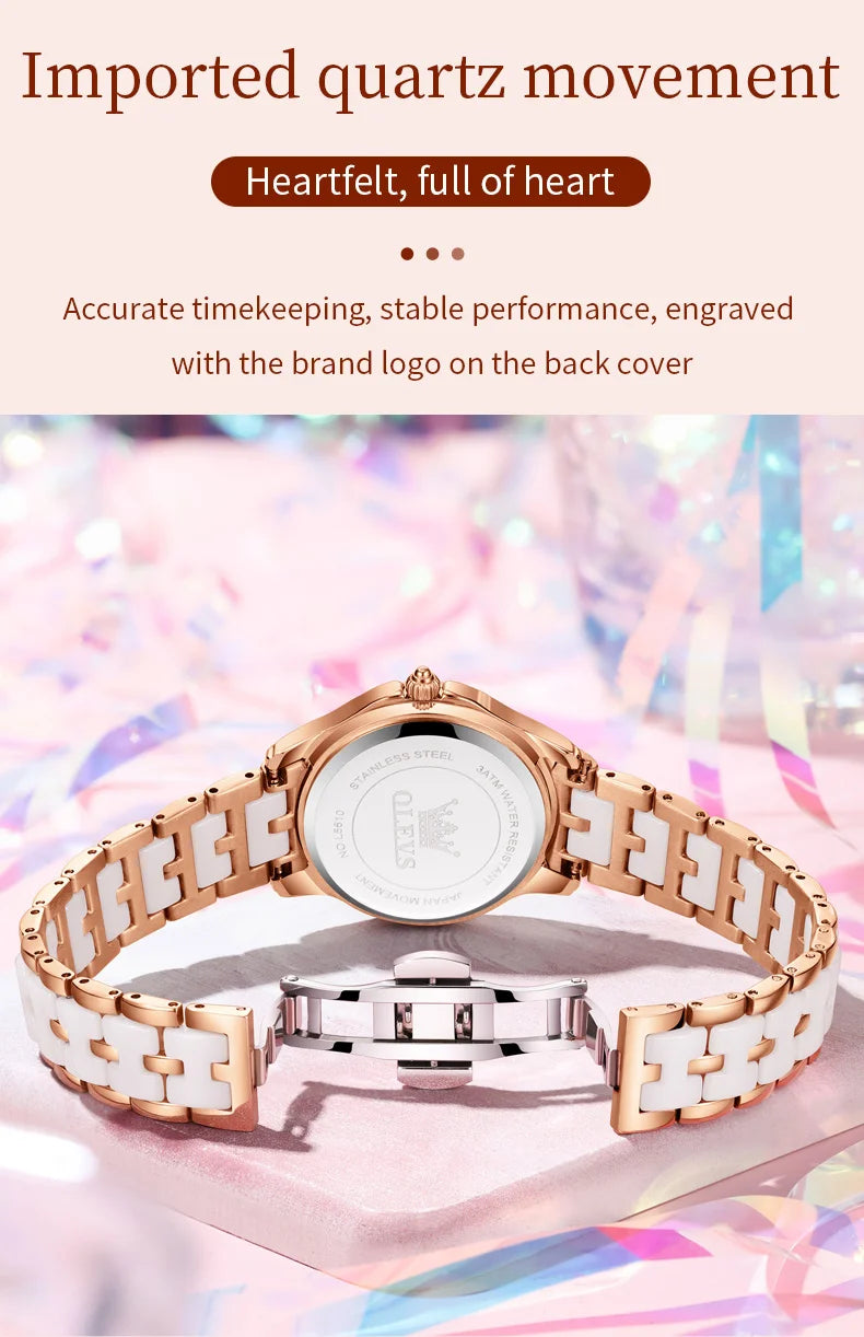 OLEVS 5610 Women's Watches Diamond Butterfly Design Dial Ceramic Strap Waterproof New Fashion Young Girl's Watches Set Gift