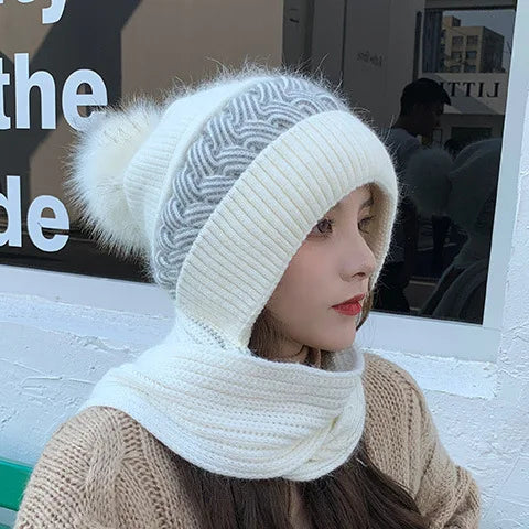 New Super Cute Warm Winter Scarf Hat Gloves with Fleece Thickened Ear Protection One-piece Knit Hat Are Windproof and Cold