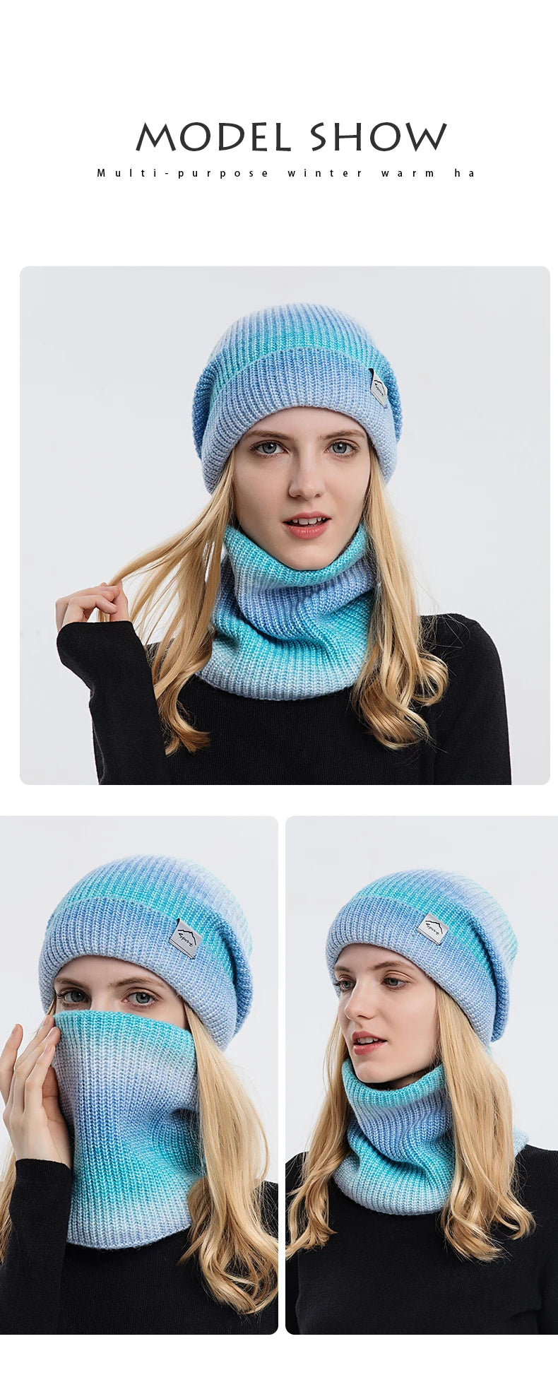 2021 New Women Winter Hat Gradient Striped Ski Hat Neck Warmer Female Tie Dye Beanie russia outdoor thicken plush Hat+Scarf Set