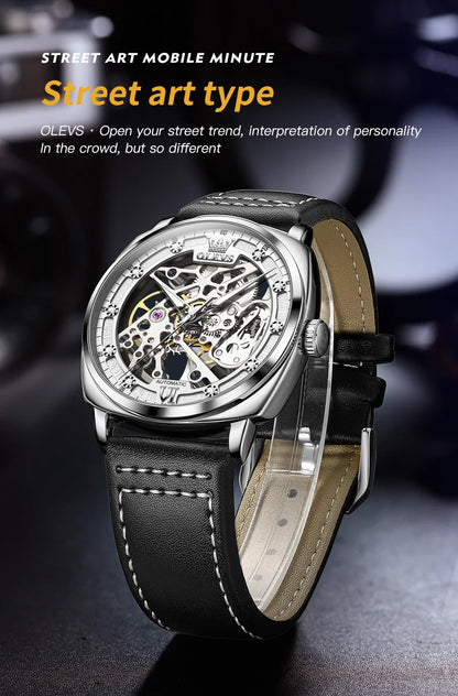 OLEVS 6651 Original Men's Automatic Watches Fashion Casual Tonneau PUNK Style Hollow Out Mechanical Writwatch Luxury Man Watch