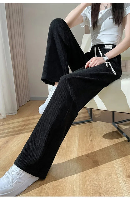 Autumn/winter Women's Chenille Bell Bottoms Fleece-lined Thickened For Petite Women Straight-leg Plus-size Pants