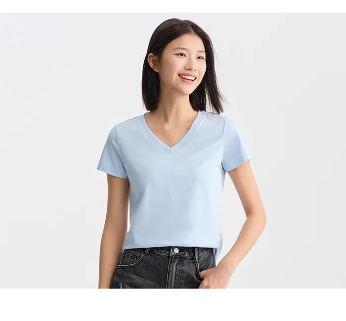 Semir Short Sleeve T-Shirt Women Slim V-Neck Positive Shoulder Simple 2024 New Antibacterial Summer Solid Colour Versatile T shi