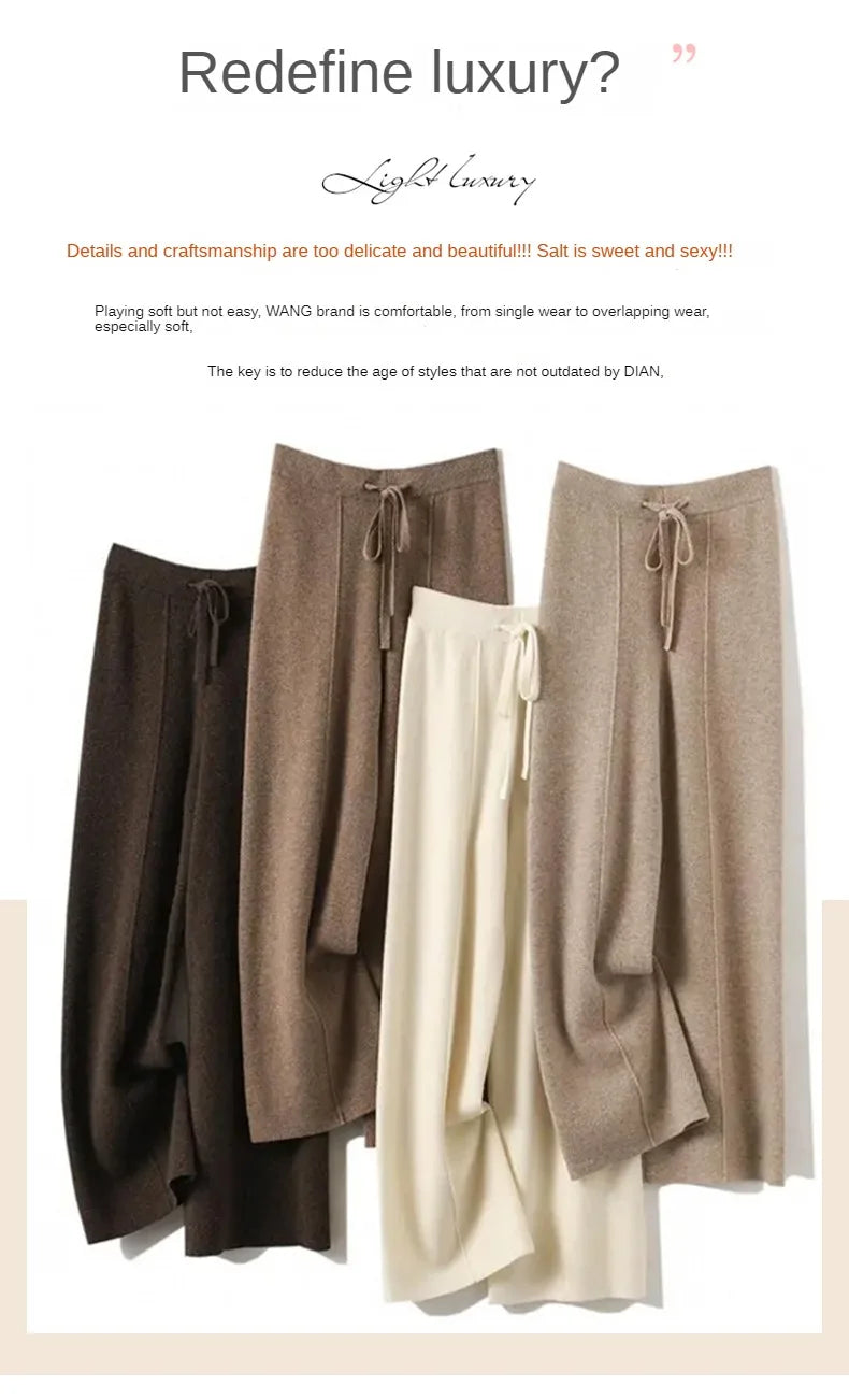 2023 autumn and winter new high-waisted wool mopping pants women's casual wide-leg pants hang out knitted woolen pants