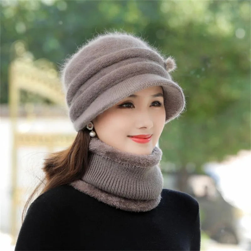 Women Winter Hat Keep Warm Cap Add Fur Lined CAPS And Scarf Set Warm For Female Casual Rabbit Fur Winter Knitted Bonnet