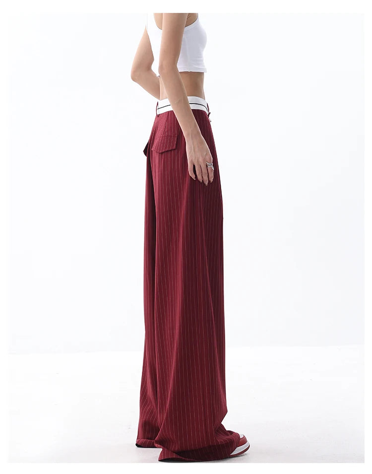 Korean Fashion Women Old Money Style Baggy Long Trousers Striped Vintage Irregular Design Loose Casual Pants 2000s Aesthetic New