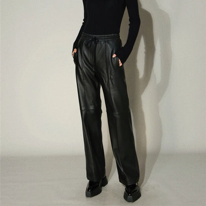 Leather Long Pants Women New Commuter Elastic Waist Drawstring Slim Sheepskin Wide Leg Full Length Straight Cylinder Trousers