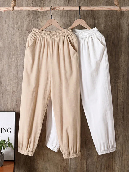 2023 Cotton Linen Women Pants Spring Summer Green Harem Pants Solid Elastic Waist Harem Trousers Soft High Quality Women's Pants