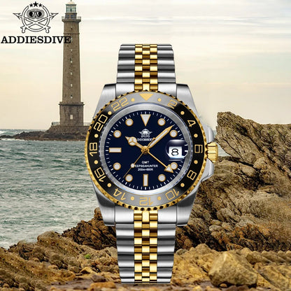 ADDIESDIVE New Men's Watches Top Luxury GMT Quartz Watch For Men Stainless Steel BGW9 Luminous 20Bar Waterproof Classic Watches