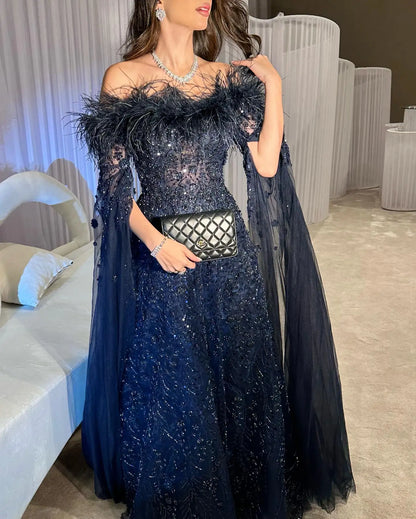 Sharon Said Off Shoulder Luxury Feather Brown Evening Dress with Cape Sleeve Navy Blue Women Wedding Party Gown SS135 Customized