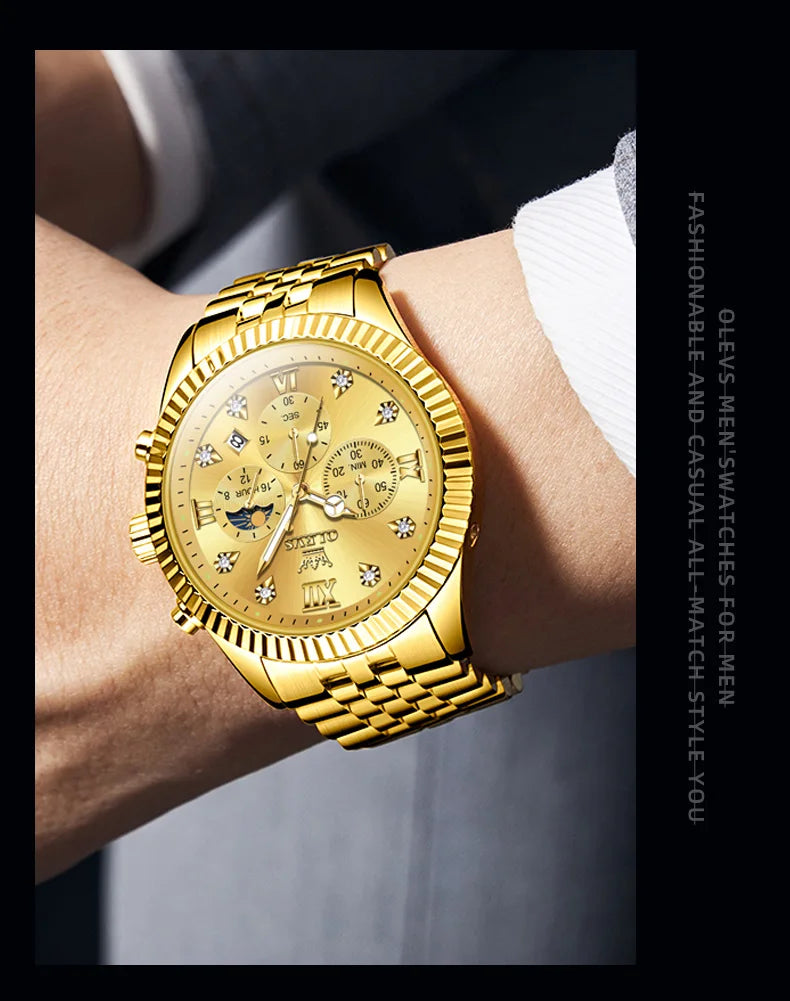 OLEVS High-end Original Replica Quartz Watches for Men Luxury Golden Stainless Steel Chronograph Moon Phase Waterproof Man Watch