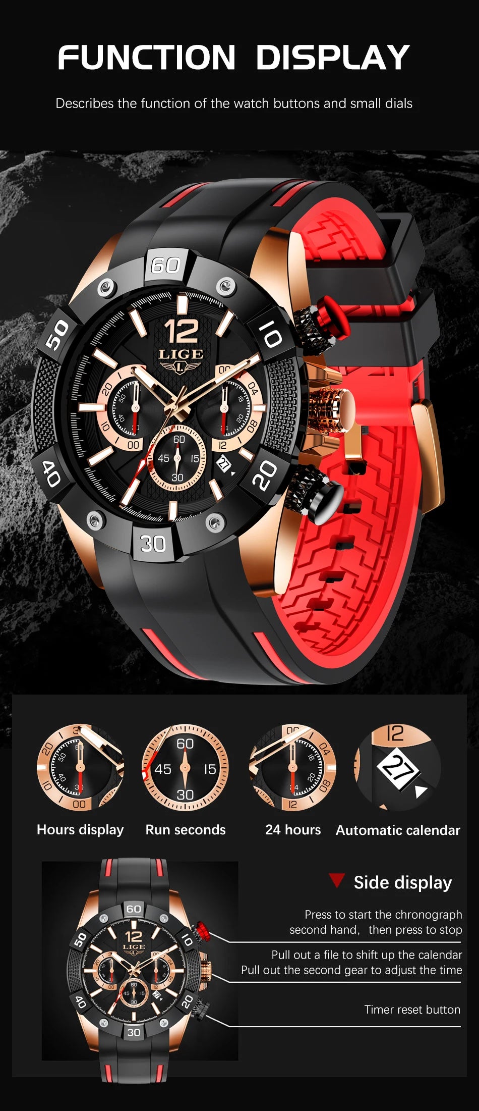 LIGE New Fashion  Man Watch Top Brand Luxury Clocks Casual Sports Silicone Strap Chronograph Waterproof Quartz Male Watches Date