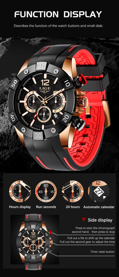 LIGE New Fashion  Man Watch Top Brand Luxury Clocks Casual Sports Silicone Strap Chronograph Waterproof Quartz Male Watches Date