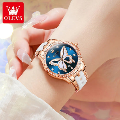 OLEVS Women's Watches Elegant Fashion Dress Original Quartz Wristwatch Butterfly Dial Ceramic Strap Waterproof Luminous Watch