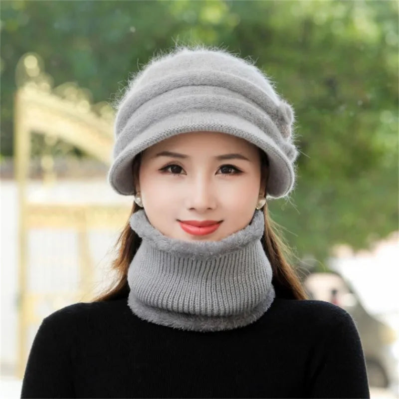 Women Winter Hat Keep Warm Cap Add Fur Lined CAPS And Scarf Set Warm For Female Casual Rabbit Fur Winter Knitted Bonnet