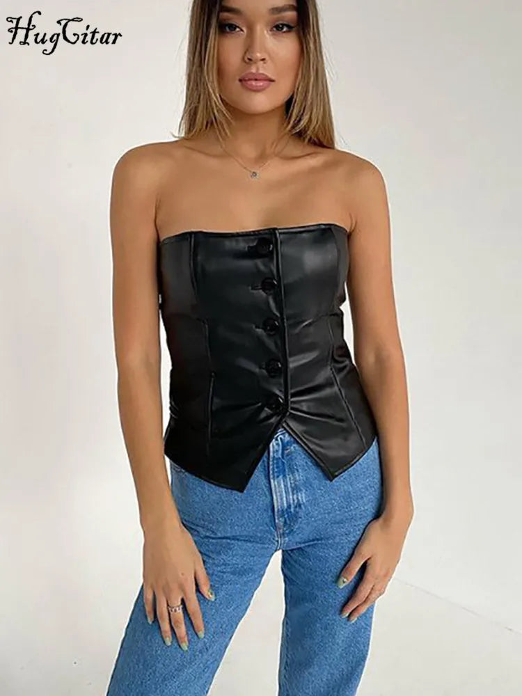 Hugcitar Pu Leather Black Strapless Buttons Bodycon Crop Tube Top Fall Winter Women Elegant Streetwear Nightclub Clothes