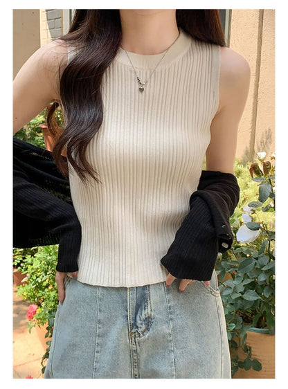 AOSSVIAO 2024 Korea Knitted Vests Women Top O-neck Solid Tank Blusas Y2K Summer New Fashion Female Sleeveless Casual Thin Tops