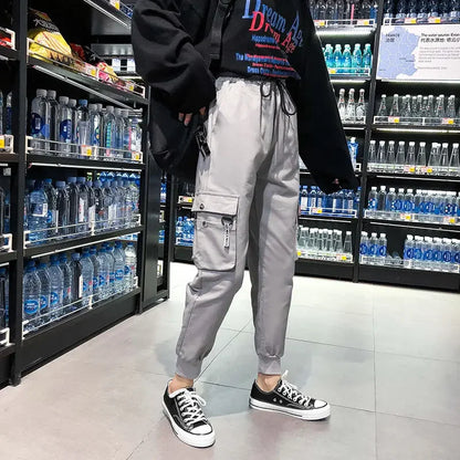 Y2K Black Cargo Pants for Women Hip Hop Big Pocket Joggers Sports Sweatpants Female Fashion Streetwear Casual Ankle Banded Pants