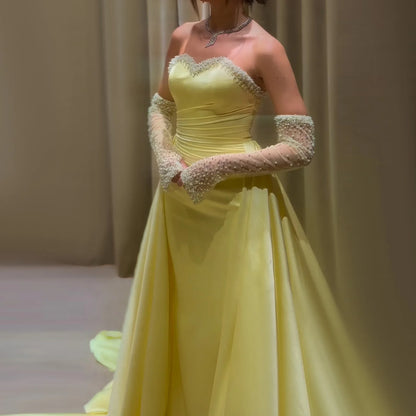 Sharon Said Elegant Sweetheart Yellow Satin Evening Dress with Gloves Beaded Pearls Women Wedding Party Gowns SS586 Customized