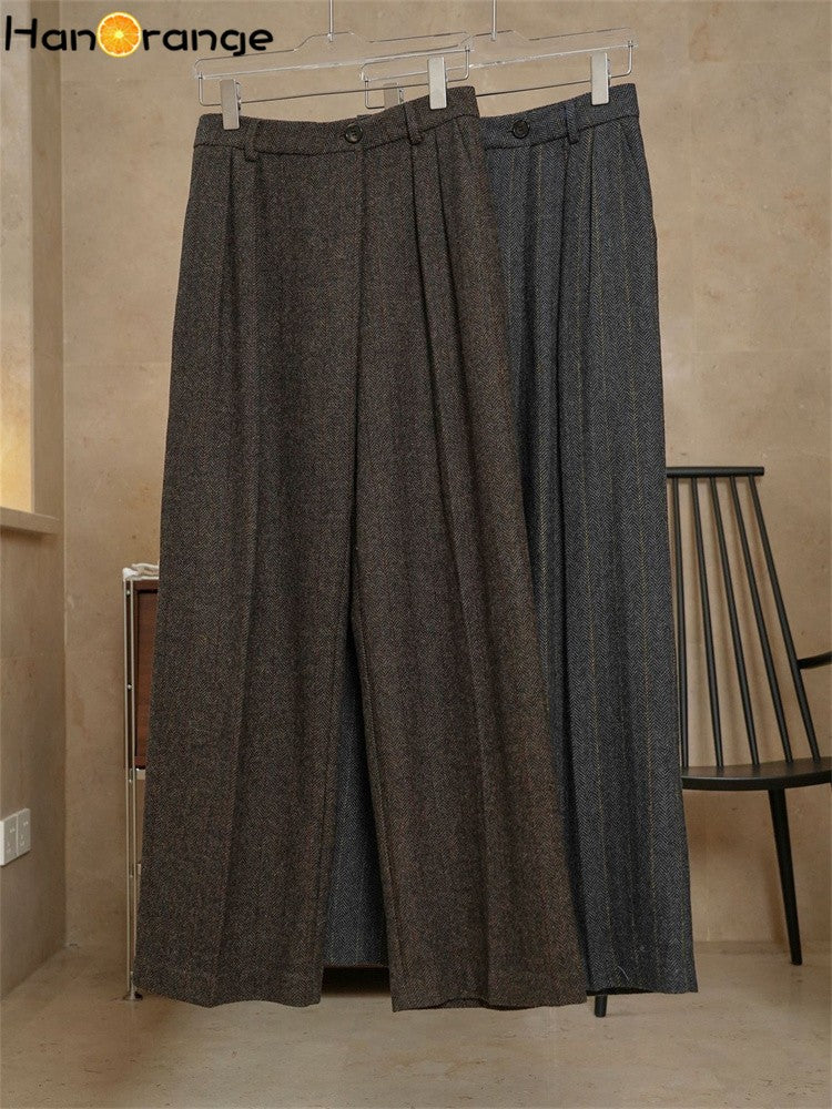 HanOrange 2024 Winter Fashion Modern Wide Leg Wool Pants Women Loose Warm Comfortable Trousers Female Black Gray/Coffee