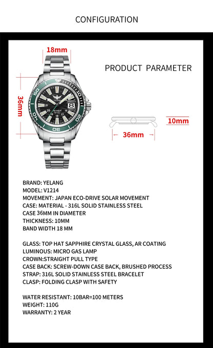 Yelang a woman watch V1214 Japan VS43 Eco-Drive Solar 36mm Women Fashion Sapphire Lens Date Magnifier luminous Casual Watch