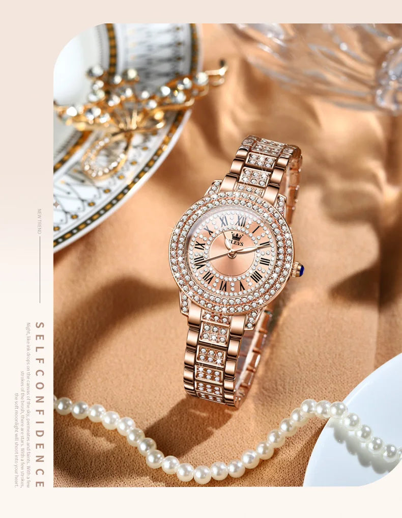 OLEVS Full Diamond Roman Dial Watch Women Luxury Elegant Stainless steel Waterproof High Quality Quartz Women's Watches 9943