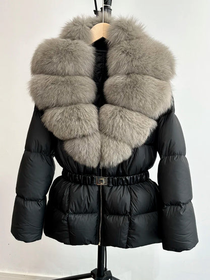 Janveny Super Big Real Fox Fur Winter Women 90% White Duck Down Jacket 2024 Ladies Slim Warm Puffer Coat Female Thick Parkas