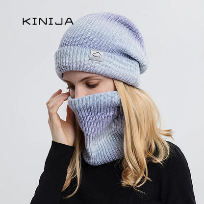 2021 New Women Winter Hat Gradient Striped Ski Hat Neck Warmer Female Tie Dye Beanie russia outdoor thicken plush Hat+Scarf Set