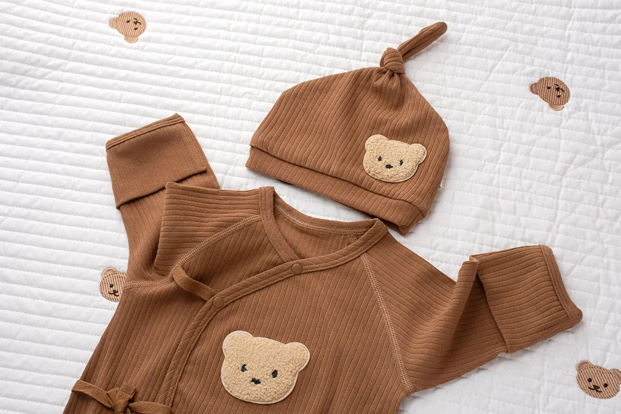 Custom Clothing For Boys And Girls Soft Long Sleeved Jumpsuits With Custom Names Embroidered Teddy Bear Newborn Bottomed Pajamas