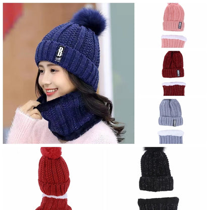 Warm Winter Skullies Beanies Knitted Hat Women Brand High Quality Winter Women Ball Ski Wool Fur Hat Pompoms Hats Knitted Scarf